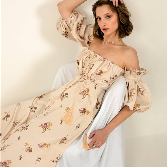 overthesea Dresses & Skirts - Overthesea Vintage off-shoulder midi dress floral print and balloon sleeves S